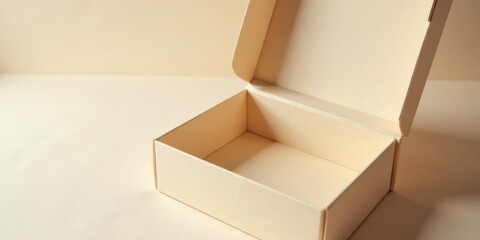Poster - A gently opened pale beige cardboard gift box rests on a neutral backdrop, showcasing its simple yet elegant design and spacious interior