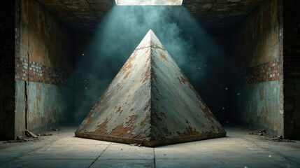 Poster - Enigmatic Stone Pyramid in a Derelict Building, Bathed in Ethereal Light