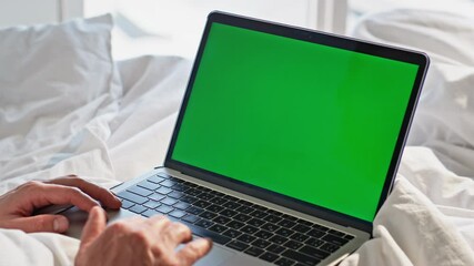 Hands working mockup laptop at home morning closeup. Man using computer online