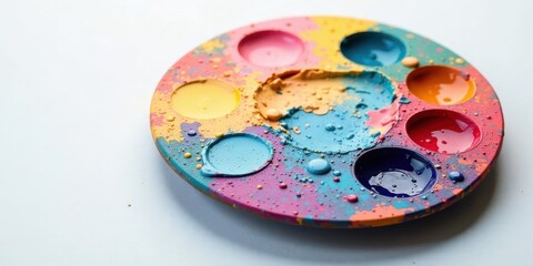 Poster - A vibrant, multicolored paint palette with remnants of various hues, displaying a chaotic yet artistic arrangement of colors and textures, suggesting a recent burst of creative expression.