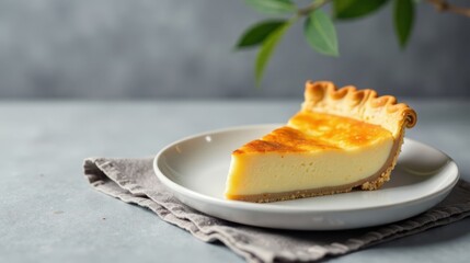 Poster - A delectable slice of creamy custard pie, boasting a golden-brown crust and a smooth, rich filling, rests elegantly on a simple plate, ready to be savored.