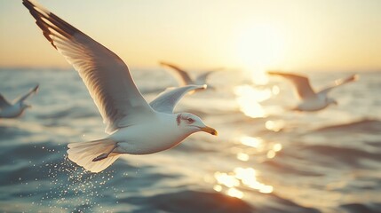 Wall Mural - Seagulls flying over ocean sunset, waves sparkling