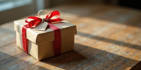 Poster - A thoughtfully wrapped gift box rests on a rustic wooden surface, bathed in warm sunlight, showcasing a festive red ribbon and a simple tag.