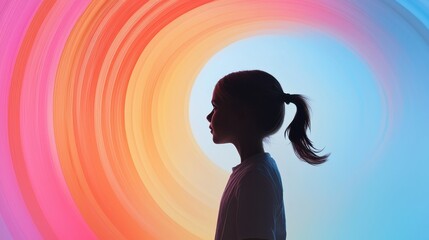 Poster - Silhouette of a Girl Against a Vibrant Backdrop with Swirling Colors in Soft Pastel Tones
