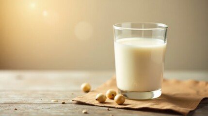 Poster - A refreshing glass of plant-based milk sits on a rustic wooden surface beside a few soybeans, bathed in soft, warm sunlight.