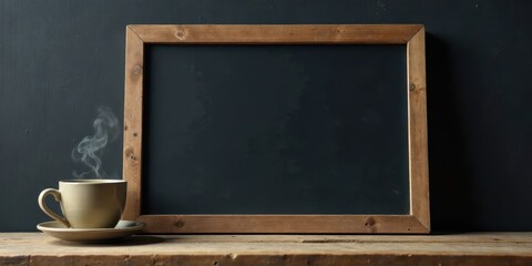 Poster - A steaming cup of coffee sits on a saucer next to a rustic wooden framed chalkboard, ready for your message.