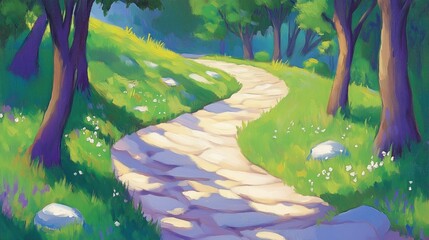 Wall Mural - A vibrant, winding pathway through a green forest, surrounded by trees and wildflowers, inviting a peaceful stroll in nature.