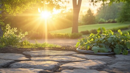 Wall Mural - Beautiful sunrise illuminating a garden with lush greenery and stone pathway, creating a peaceful and serene atmosphere.
