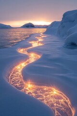 Wall Mural - Glowing stream in snowy landscape at sunset