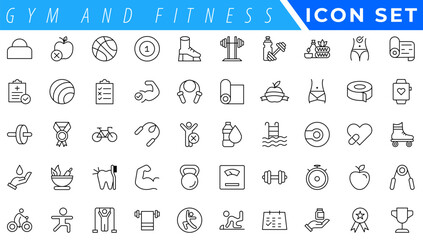 Poster - Gym and fitness icon set. Containing healthy lifestyle, weight training, body care and workout or exercise equipment icons. Solid icons vector collection.