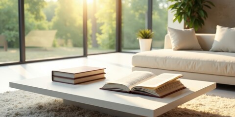 Poster - Serene Living Room with Open Book and Stacked Volumes on Modern Coffee Table Basking in Sunlight Streaming Through Expansive Windows