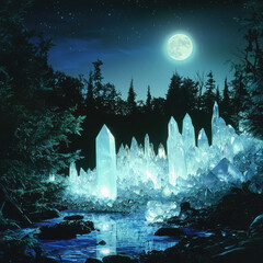 Wall Mural - Magical moonlit forest with glowing crystal pillars and serene water.