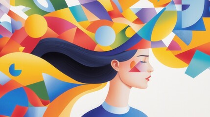 Poster - Vibrant Girl Surrounded by Whirlwind of Abstract Colors and Shapes Capturing Creative Energy and Inspiration