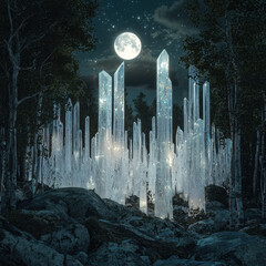 Wall Mural - Mystical ice crystal formations under a glowing full moon.