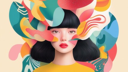Poster - Vibrant Girl Surrounded by Whirlwind of Abstract Shapes and Colors Capturing Imagination and Creative Energy