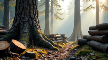 Aufkleber - Morning Sunlight Illuminates Ancient Forest With Stacked Logs Near Mossy Tree Roots