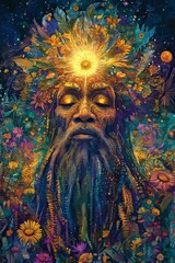 Wall Mural - Serene face surrounded by vibrant flowers and cosmic energy.