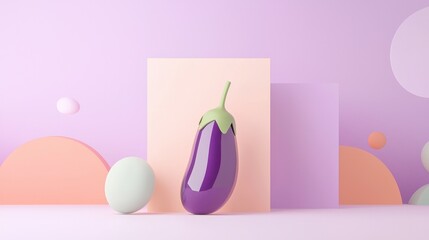 Poster - Whimsical 3D Render of a Colorful Eggplant Surrounded by Soft Shapes and Pastel Background