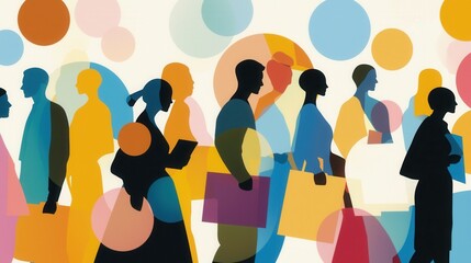 Poster - Colorful Abstract Representation of a Bustling Marketplace with Silhouettes of People Carrying Bags