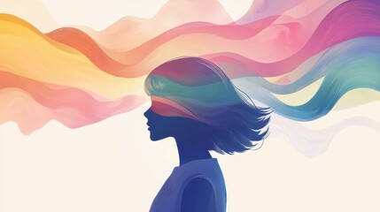 Poster - Abstract Silhouette of a Girl Surrounded by Colorful Swirling Waves Representing Imagination and Creativity