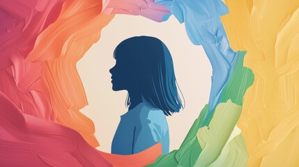 Poster - Abstract Silhouette of a Girl Surrounded by Swirling Vibrant Colors in Artistic Composition