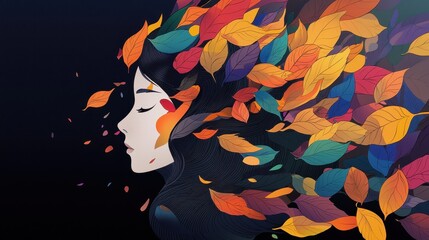 Poster - Abstract Representation of a Girl Surrounded by Whirling Autumn Leaves in a Vivid and Colorful Illustration