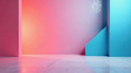Poster - Abstract Minimalist Studio Backdrop with Pastel Pink and Cyan Walls and Polished Floor