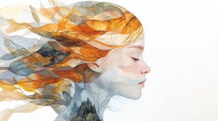 Aufkleber - Abstract Portrayal of a Girl with Flowing Hair Intertwined with Nature Elements in a Surreal Artistic Composition
