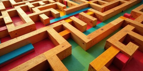 Aufkleber - Intricate Wooden Labyrinth A Colorful Puzzle of Intertwined Paths and Strategic Turns