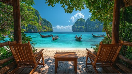 Wall Mural - Tropical beach paradise view from wooden chairs, boats at sea