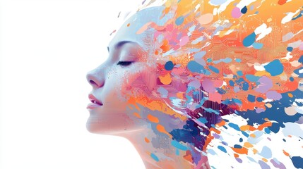 Poster - Digital Artistic Representation of a Young Girl Merging with Vibrant Technology Circuit Patterns and Colorful Abstract Art