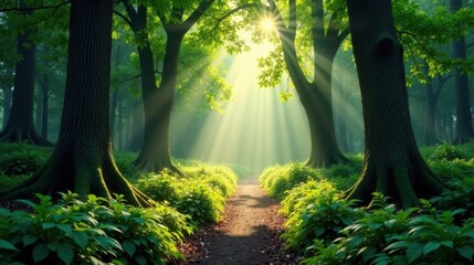 Poster - Sunlit Path Through a Mystical Forest of Ancient Trees and Lush Undergrowth