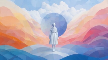 Aufkleber - Ethereal Figure of a Girl Walking Through a Dreamlike Landscape with Soft Colors and Rounded Forms