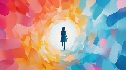Aufkleber - Ethereal Girl Figure Emerging from a Vibrant Kaleidoscope of Colorful Patterns and Light in a Dreamlike Composition