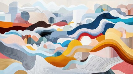 Poster - Vibrant Multi-Layered Abstract Landscape with Dynamic Merging Colors and Gentle Curves