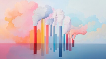 Poster - Abstract Multi-Layered Landscape with Merging Colors and Factory Silhouettes in Soft Pastel Tones