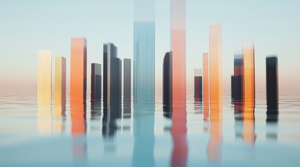 Aufkleber - Abstract Reflections of Tall Skyscrapers in Still Water Creating a Dreamy Urban Landscape at Dusk