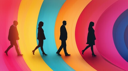 Poster - Silhouetted Figures Walking Against Vibrant Swirling Background in Abstract Colorful Design