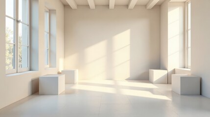 Aufkleber - Sunlit Empty Room with Minimalist White Cubes and Large Windows