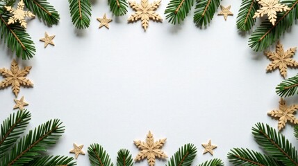 Poster - A Festive Winter Holiday Frame Featuring Evergreen Branches and Ornate Wooden Stars and Snowflakes