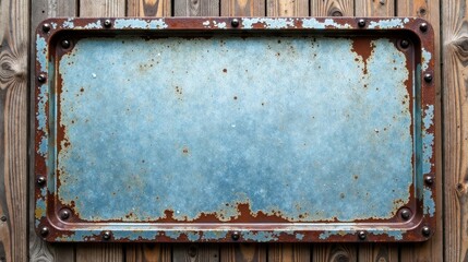 Poster - Rustic Weathered Metal Plate on Aged Wooden Surface, Ideal for Vintage Design Projects and Retro Backgrounds