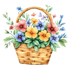 Wall Mural - Watercolor painting of colorful flowers in a wicker basket,