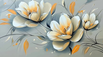 Acrylic painting featuring white and yellow flowers against a gray background.
