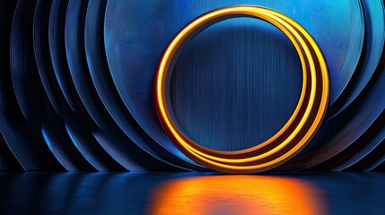 Poster - Glowing Icon Style Illustration of Abstract Circular Shapes against Blue Background in CGI Art