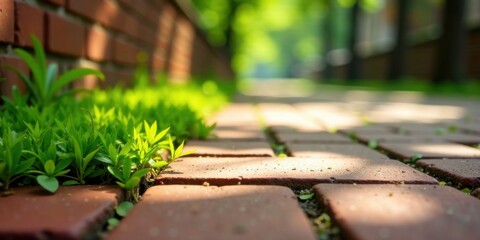 Aufkleber - Vibrant green sprouts pushing through sun-drenched brick pathway, a testament to nature's resilience and persistent growth