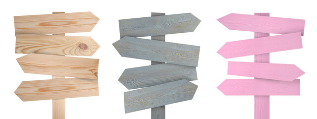 Wall Mural - Wooden signposts with arrow-shaped pointers isolated on white