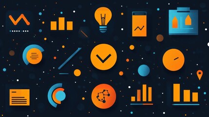 Poster - Abstract Data Visualization: A Colorful Display of Charts, Graphs, and Icons Representing Business Analytics, Strategy, and Progress.