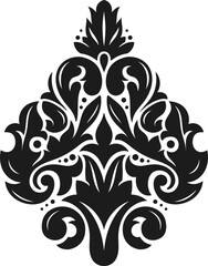 Poster - Symmetrical damask pattern in black and white, showcasing intricate floral motifs and elegant curves, creating a sophisticated and timeless design suitable for various decorative purposes