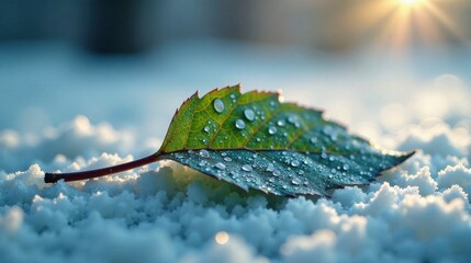 Poster - A solitary leaf, glistening with morning dew, rests peacefully upon a pristine blanket of winter snow, bathed in the soft glow of the rising sun.