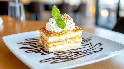 Wall Mural - A delicious layered dessert with whipped cream, mint garnish, and chocolate drizzle on a white plate.